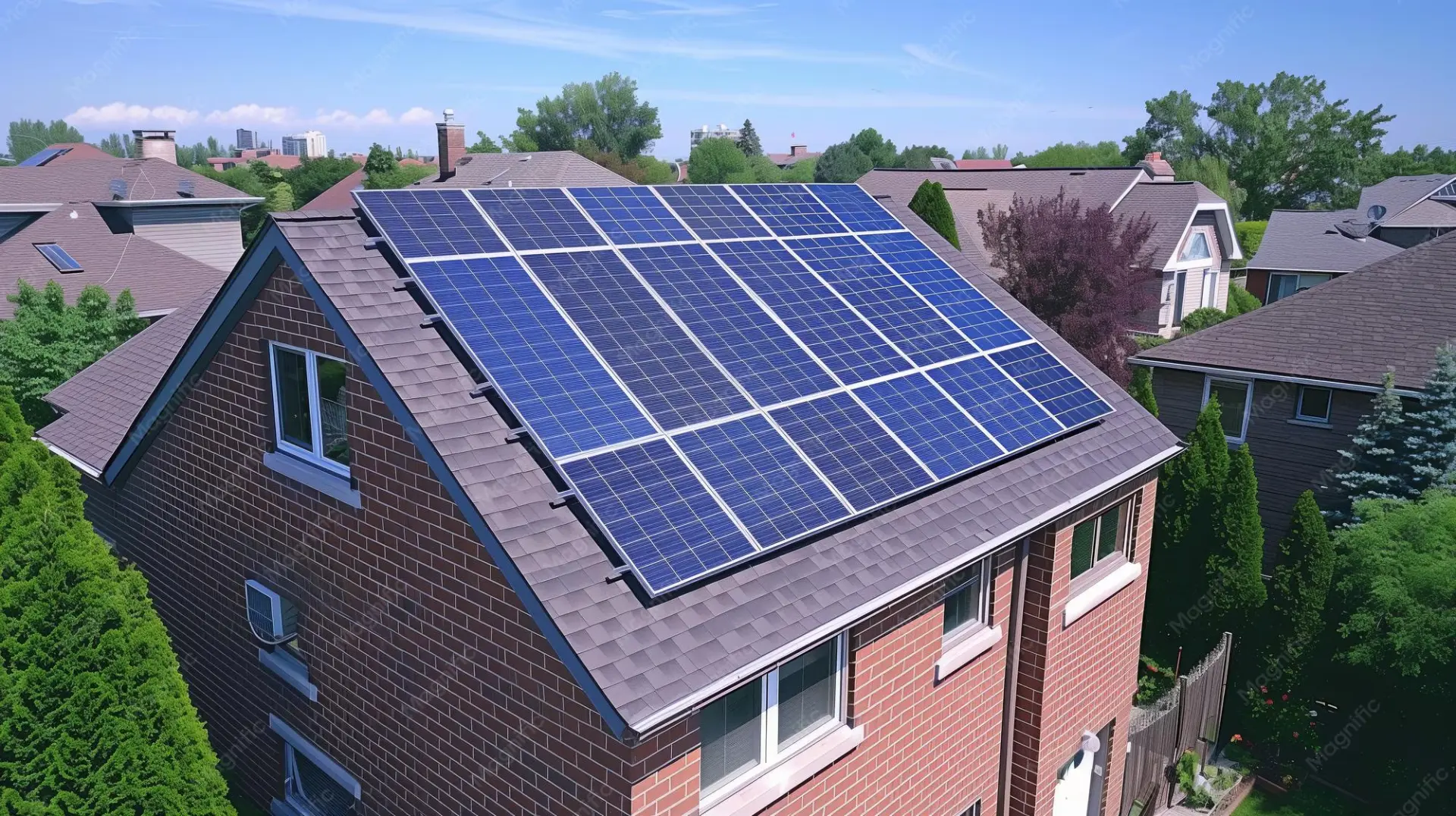 Placas de energia solar fotovoltaica instaladas em telhado residencial