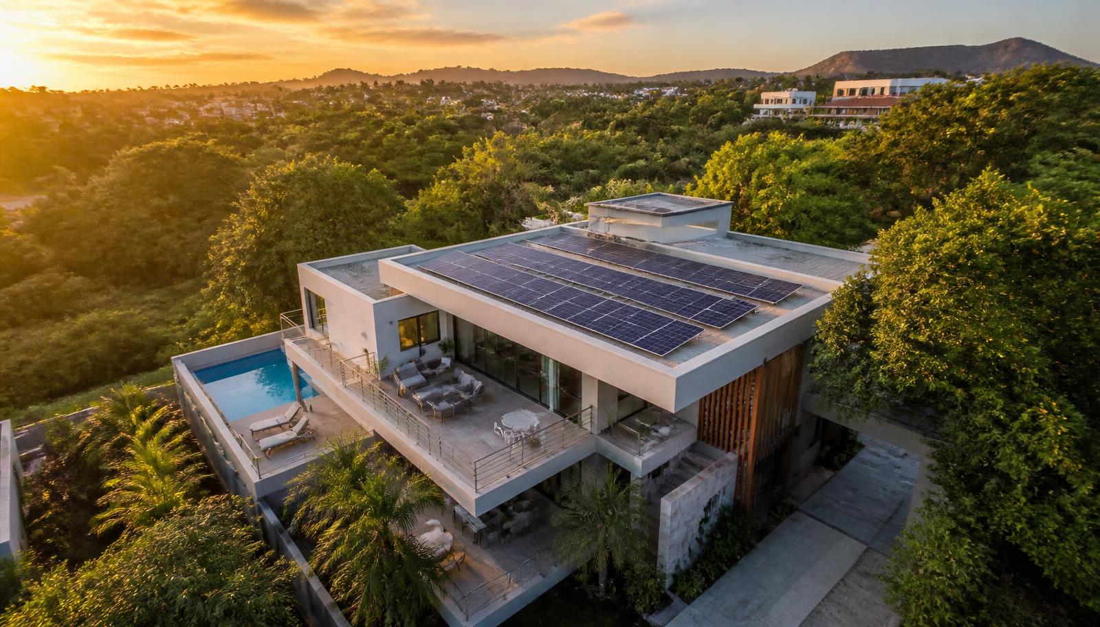 Casa moderna com sistema de energia solar no telhado ao pôr do sol